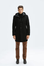 MOŠKI ČRN PLAŠČ Z ODSTRANLJIVO KAPUCO